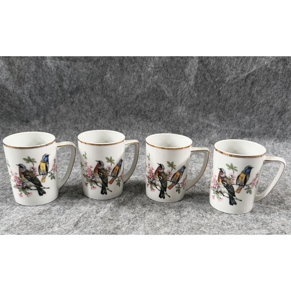 4 Porcelain Floral Bird Coffee Tea Cup Gold Trim 1970's